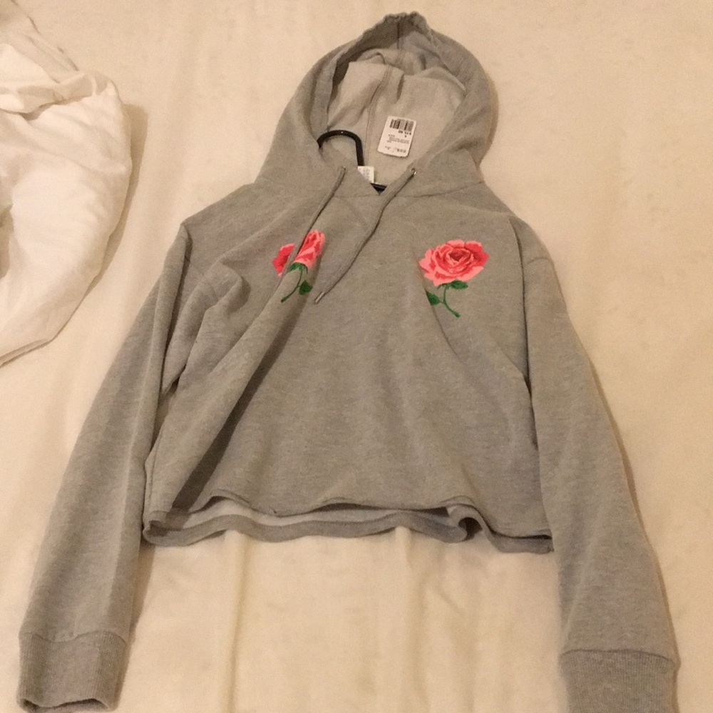 grey hoodie with roses